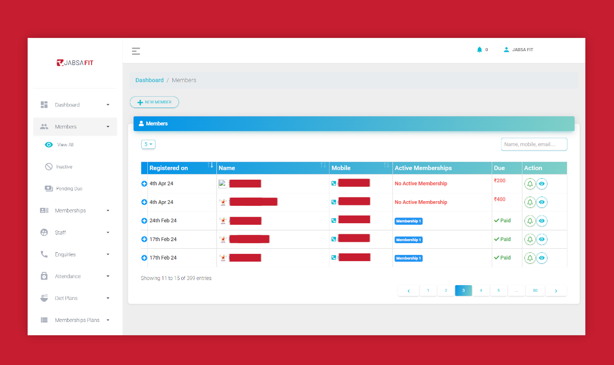 JabsaFit - Best Gym management software. JabsaFit is a powerful and user-friendly tool that helps gyms streamline their operations and provide better services to their members. Take advantage of JabsaFit's advanced member management features and simplify your gym's life.